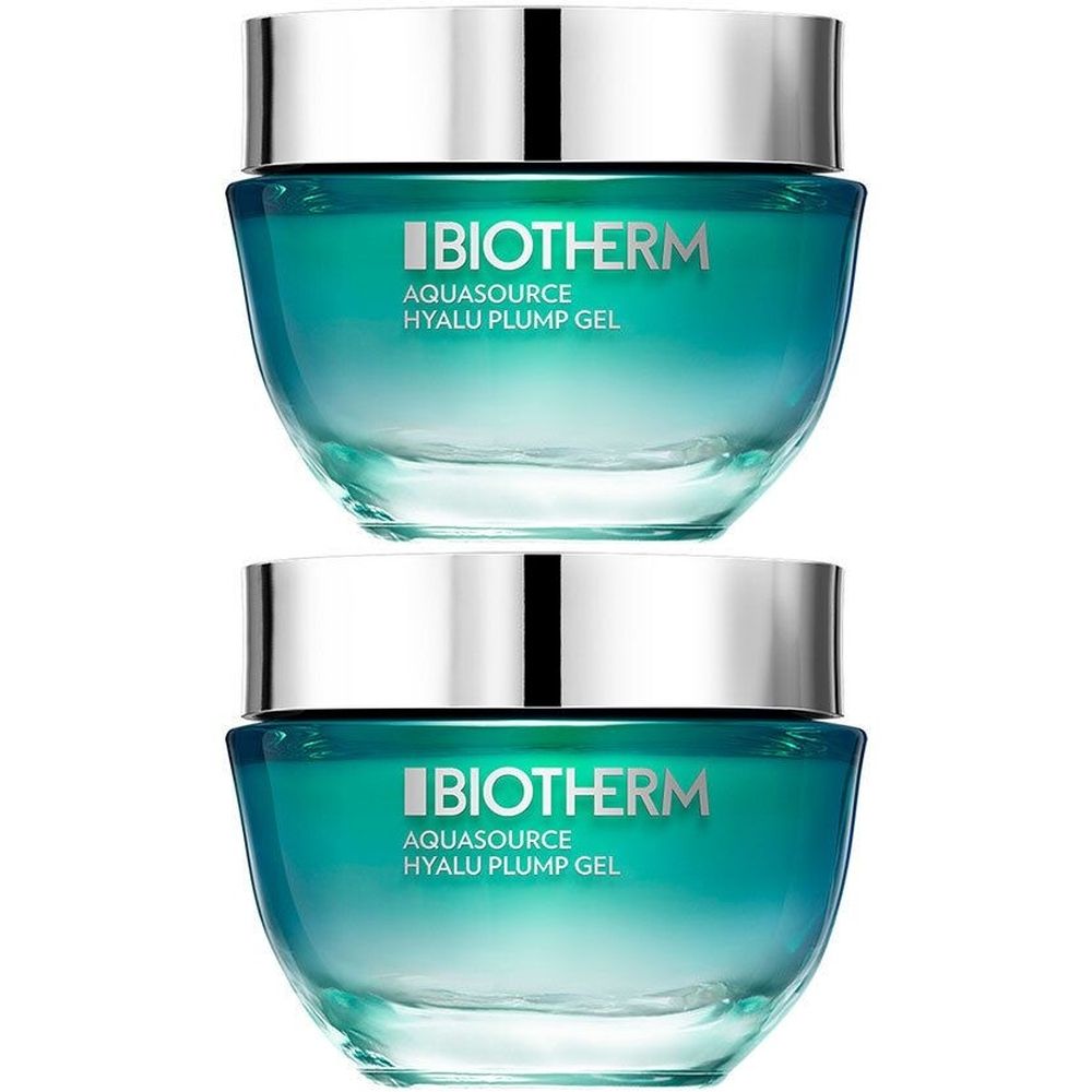 Deux pots de gel Aquasource Hyalu Plump. Gel turquoise dans des pots en verre avec couvercles argentés. Logo BIOTHERM et nom du produit.