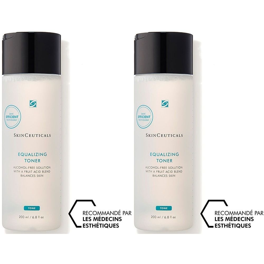 Deux flacons de SkinCeuticals Equalizing Toner. Flacons blancs avec bouchon noir. Texte : Equalizing Toner, 200 ml, recommandé par les médecins.