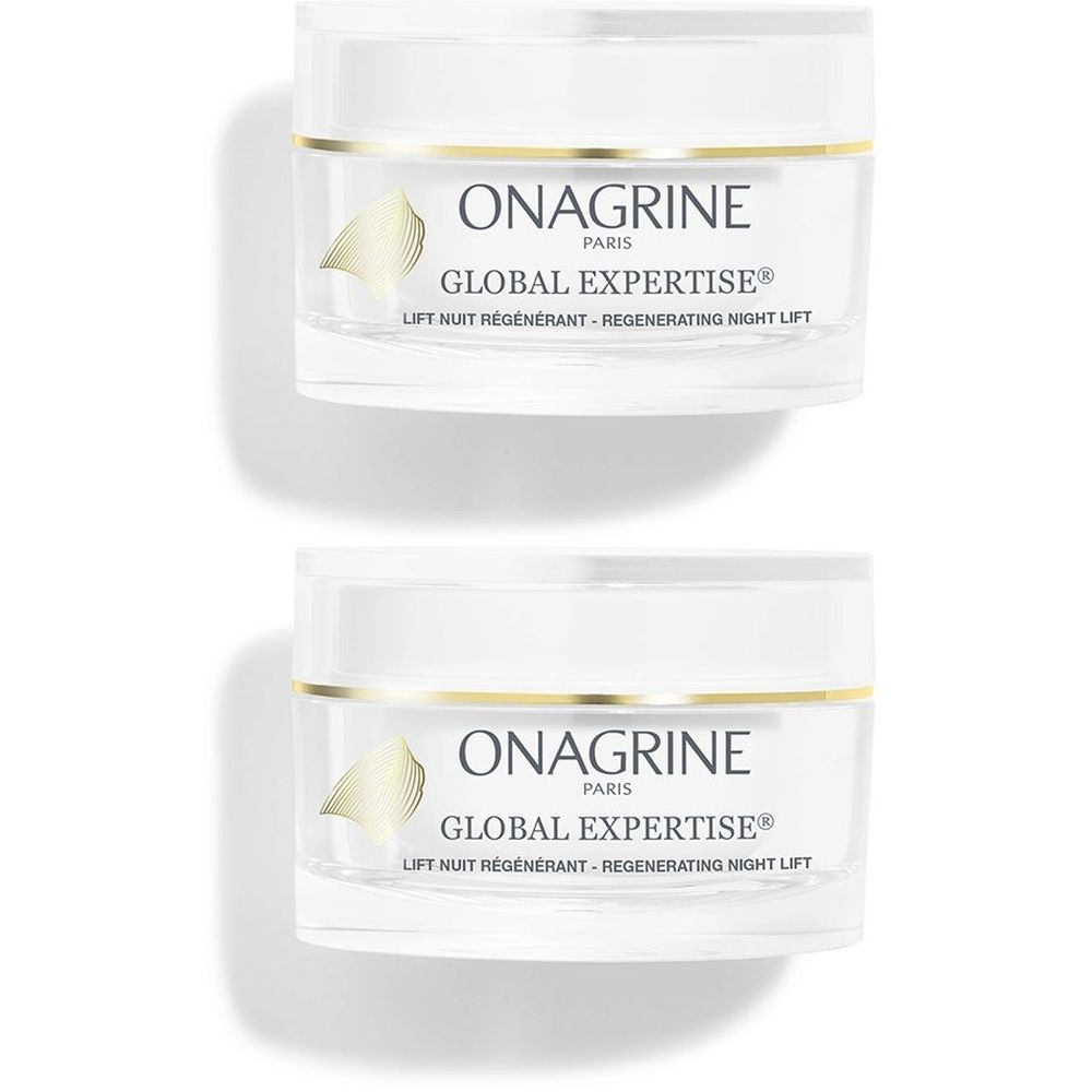 Deux pots de crème blancs avec bord doré. Inscription: ONAGRINE PARIS, GLOBAL EXPERTISE, LIFT NUIT RÉGÉNÉRANT - Regenerating Night Lift.