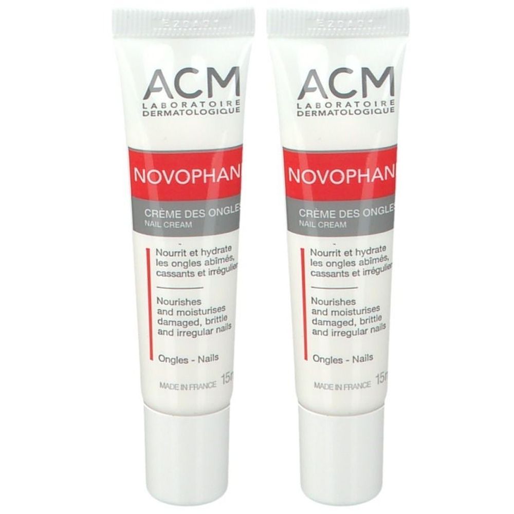 Twee tubes crème voor nagels. Opschriften: ACM, Novophan, Crème des Ongles. Tekst in het Frans en Engels.