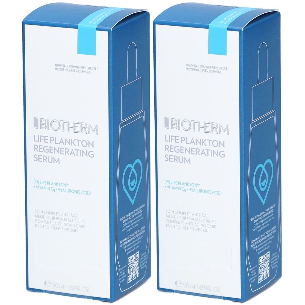 Twee blauwe productverpakkingen. Opschrift: Biotherm Life Plankton Regenerating Serum. Met druppelsymbool en QR-code.
