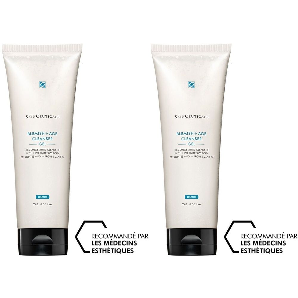 Deux tubes de gel nettoyant Blemish + Age. Blanc, bouchon noir. Texte: SKINCEUTICALS, RECOMMANDÉ PAR LES MÉDECINS ESTHÉTIQUES.