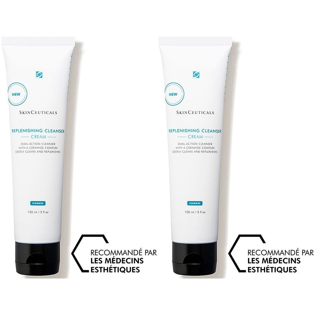 Twee witte tubes met zwarte doppen. Opschrift: SkinCeuticals Replenishing Cleanser Cream. Aanbevolen door esthetische artsen.