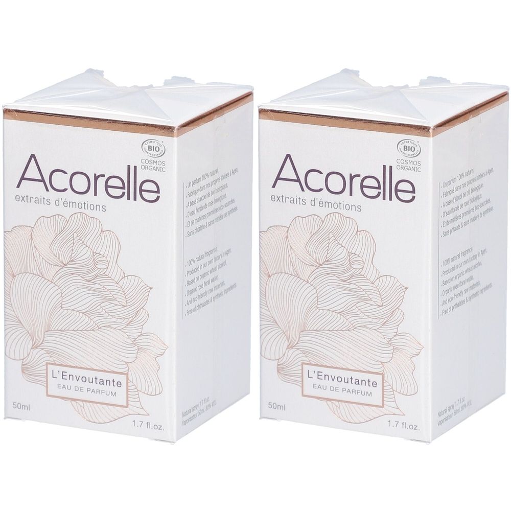 Twee witte dozen met opdruk. Opschrift: Acorelle, extraits d'émotions, L'Envoutante Eau de Parfum. Met COSMOS ORGANIC logo.