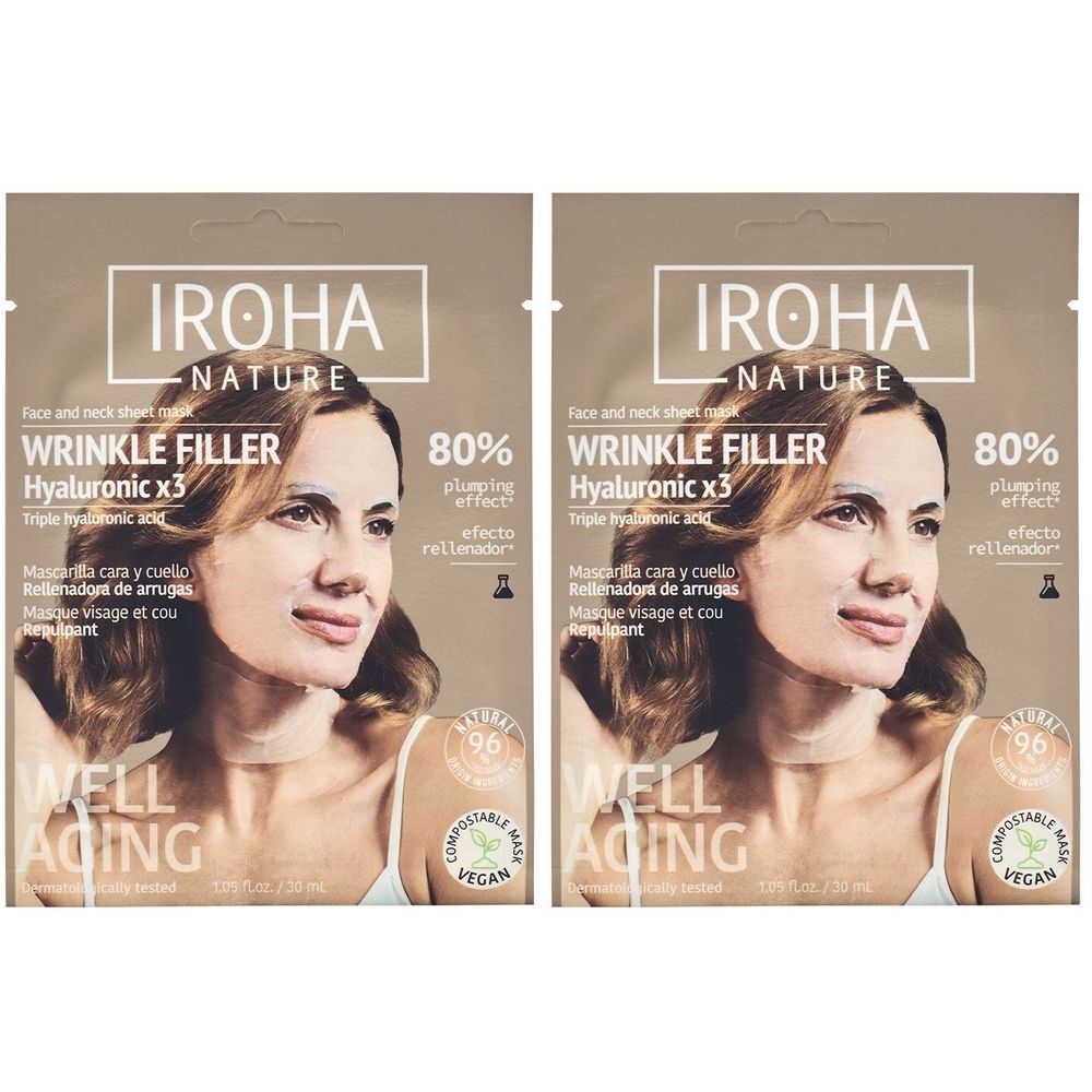 Twee identieke verpakkingen gezichtsmaskers. Opschrift: IROHA NATURE, WRINKLE FILLER, Hyaluronic x3. Vegan zegel.