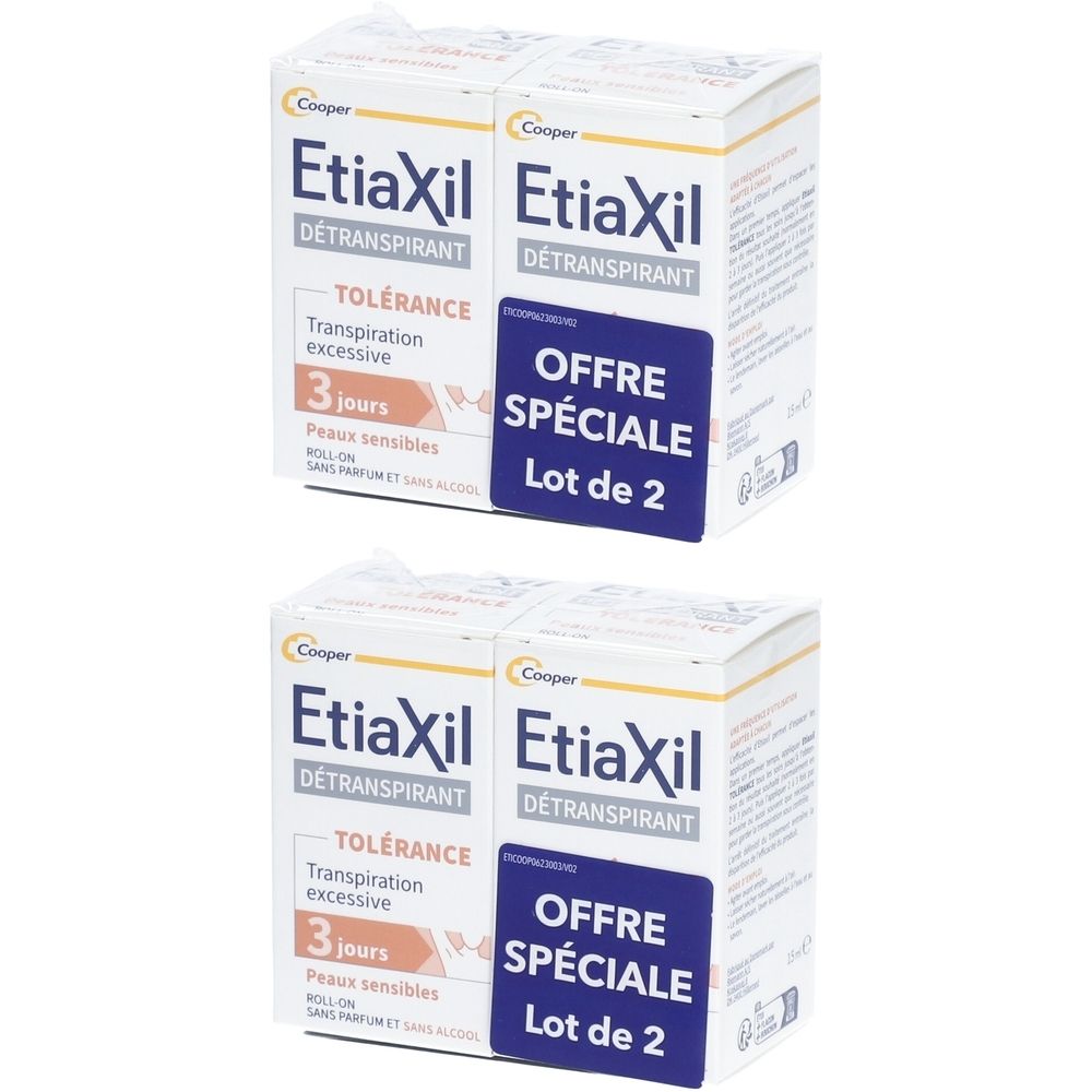 Deux boîtes blanches avec texte. Marque Etiaxil, Détranspirant, Tolérance, Offre Spéciale, Lot de 2. Pour transpiration excessive.