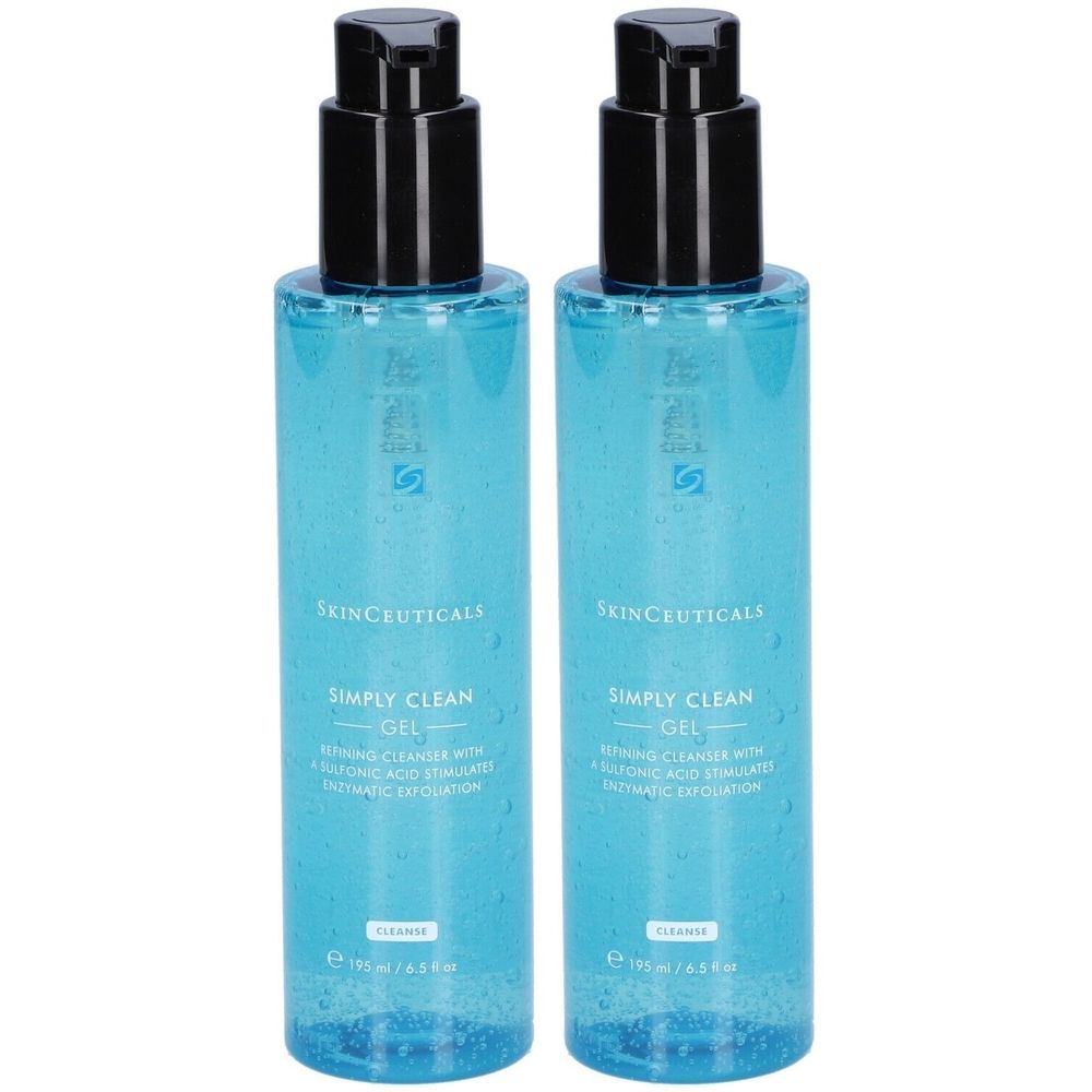 Deux flacons avec pompe noire. Inscription: SkinCeuticals Simply Clean Gel. Liquide bleu visible.
