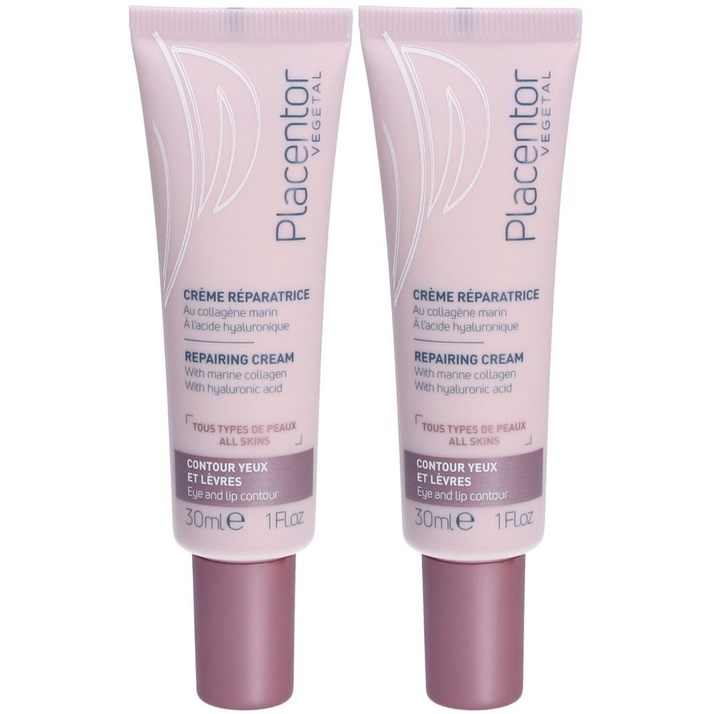 Deux tubes de crème réparatrice contour des yeux et lèvres. Tubes roses, bouchons violets. Texte: Placentor, Crème Réparatrice, 30ml.
