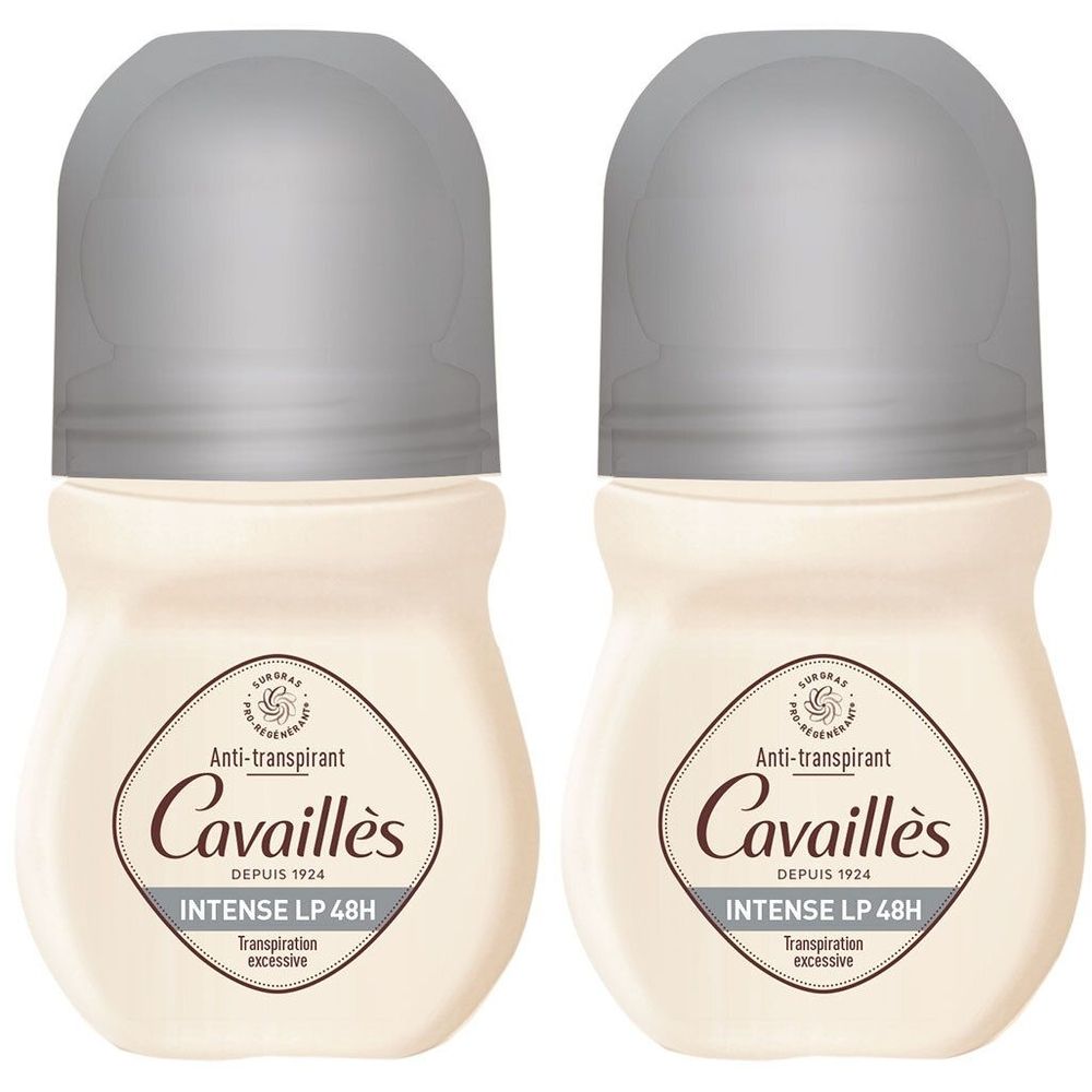 Twee roll-on deodorants met zilveren doppen. Opschrift: Cavaillès, Anti-transpirant, Intense LP 48H.