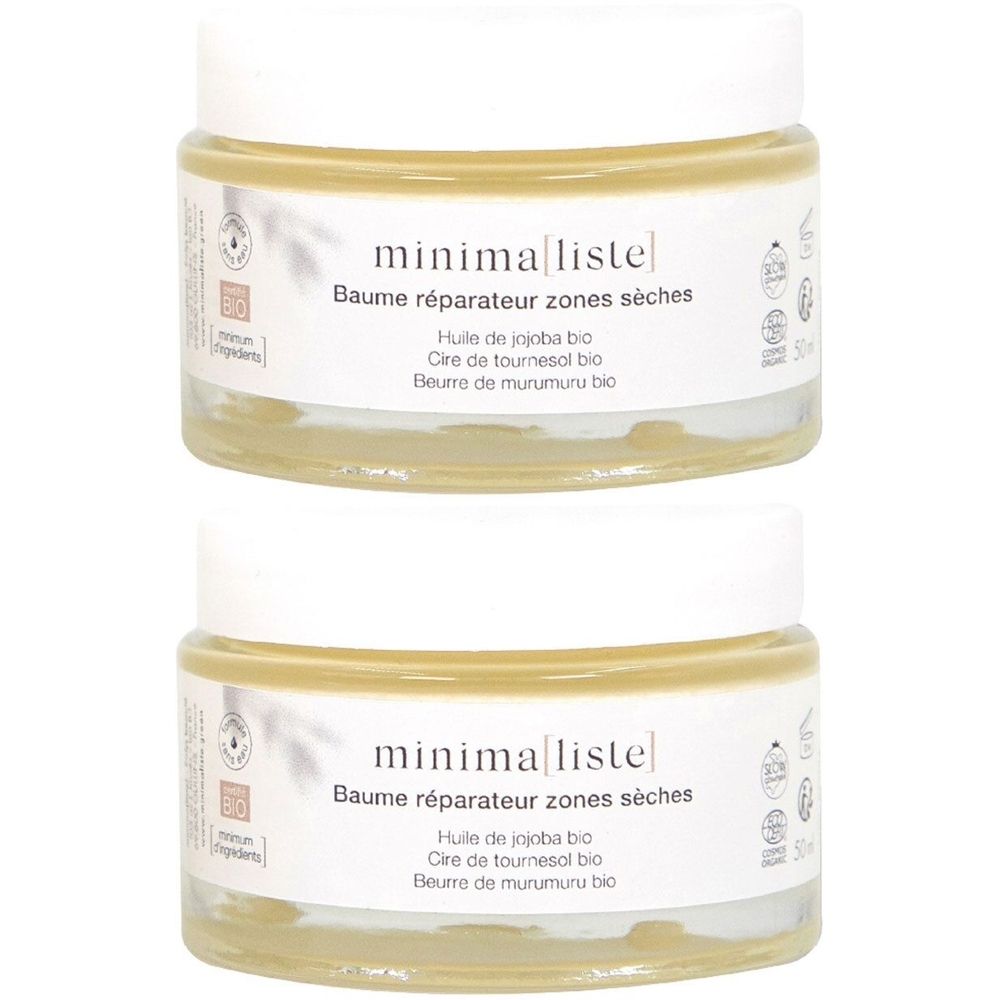 Twee potjes met witte deksels. Labels met "minimaliste" en "Baume réparateur zones sèches".