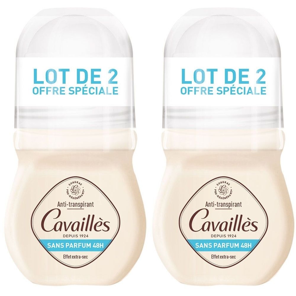 Deux déodorants roll-on. Inscription : LOT DE 2, OFFRE SPÉCIALE. Marque Cavaillès, Anti-transpirant, Sans Parfum 48H.
