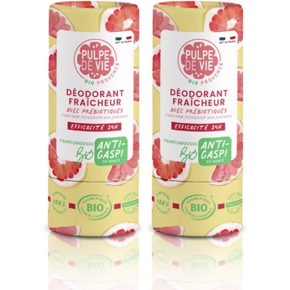 Deux déodorants cylindriques. Inscription: Pulpe de Vie, Déodorant fraîcheur, Bio. Fond avec motif pamplemousse.
