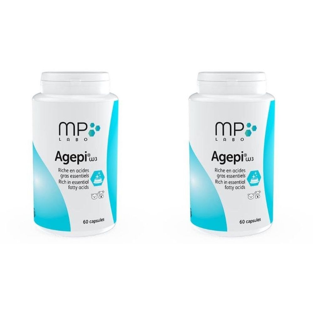 Twee witte flessen met blauw etiket. Opschrift: MP LABO Agepi ω3. Bevat 60 capsules.