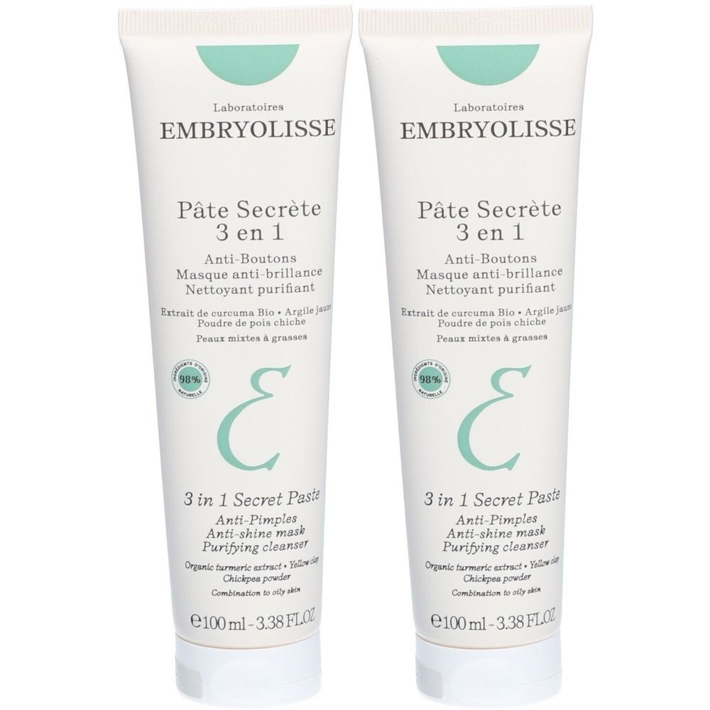 Deux tubes de Pâte Secrète 3 en 1. Blanc, texte vert. Contient 'Anti-Boutons' et '3 in 1 Secret Paste'. Marque Embryolisse visible.