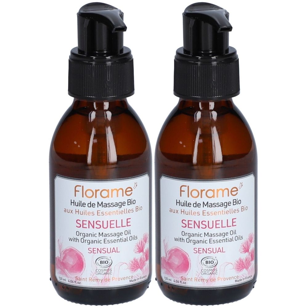 Twee bruine glazen flessen met zwarte pomp. Etiket met "Florame Huile de Massage Bio Sensuelle". Biologische massageolie.
