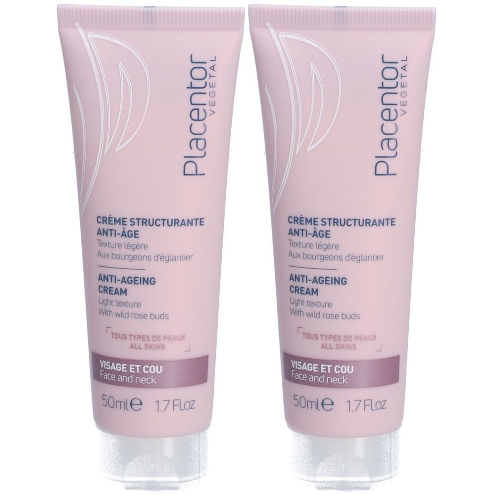 Deux tubes de crème rose avec texte blanc. Crème Structurante Anti-Âge, Anti-Ageing Cream. Contenance: 50ml, 1.7 Fl.oz. Marque: Placentor Vegetal.