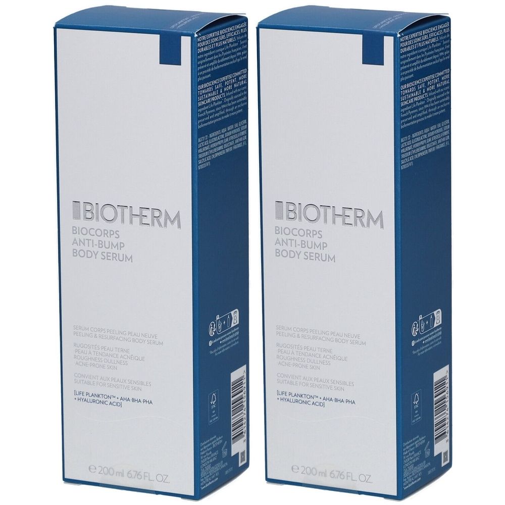 Deux boîtes bleues avec face blanche. Le nom de la marque BIOTHERM est imprimé, suivi de BIOCORPS ANTI-BUMP BODY SERUM. En bas, 200ml 6.76FL.OZ.