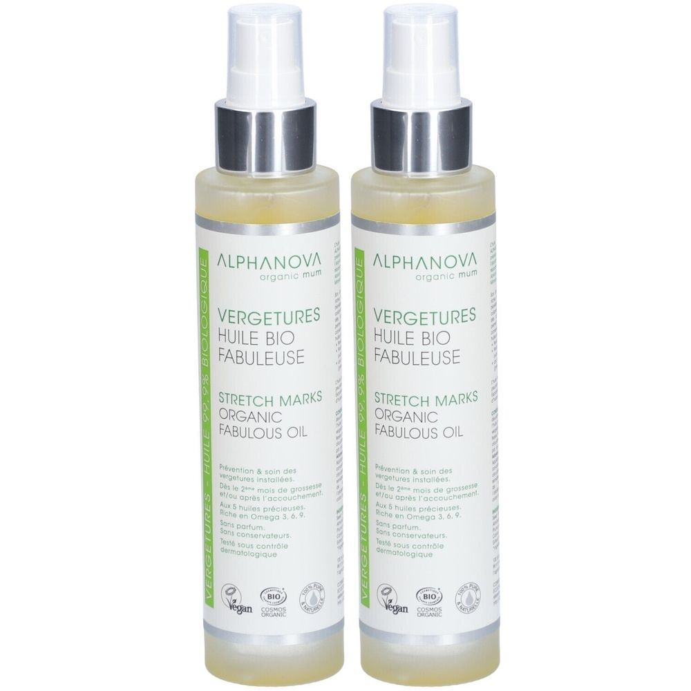 Deux flacons de brume. Inscription: VERGETURES HUILE BIO FABULEUSE, STRETCH MARKS ORGANIC FABULOUS OIL. Marque: ALPHANOVA.