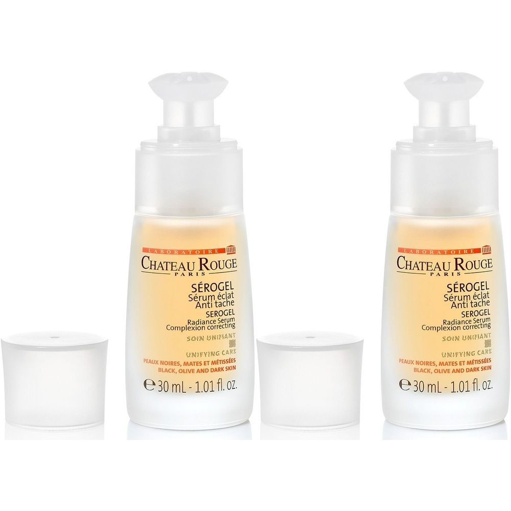 Twee flessen SEROGEL serum met doppen. Opschrift: Château Rouge, Sérum éclat Anti tache, 30 ml.