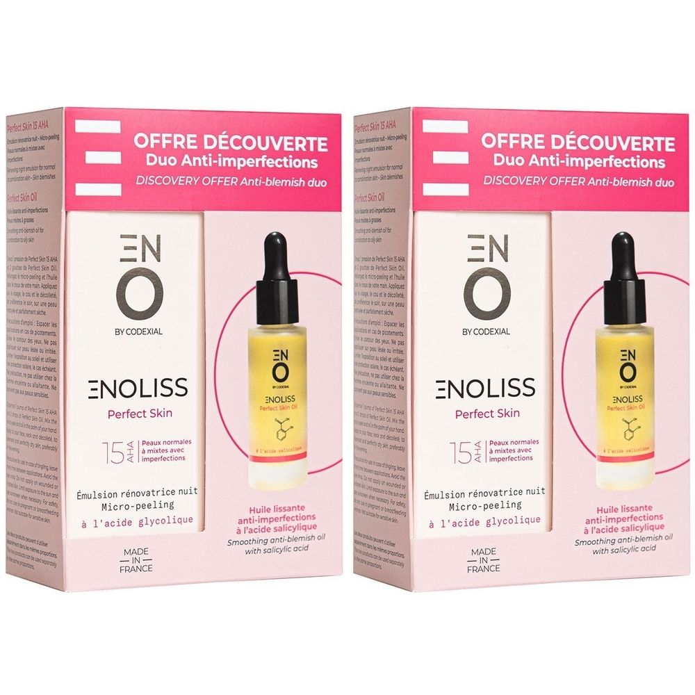 Deux coffrets. Inscription: OFFRE DÉCOUVERTE Duo Anti-imperfections. Contient flacons avec pipette. Inscription: ENOLISS Perfect Skin.