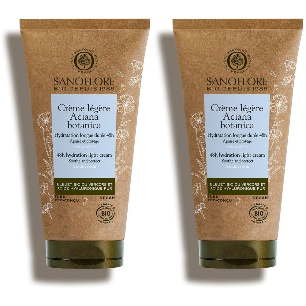 Deux tubes de Crème légère Aciana botanica SANOFLORE. Inscription: 48h Hydratation light cream. Certifié Bio.