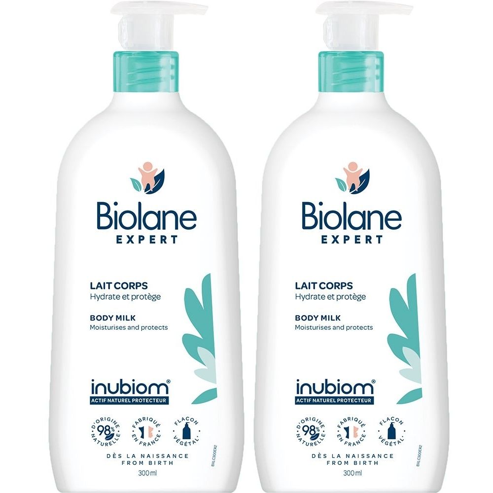Deux flacons blancs avec pompe. Inscription Biolane Expert, Lait Corps, Body Milk. Éléments verts et bleus.