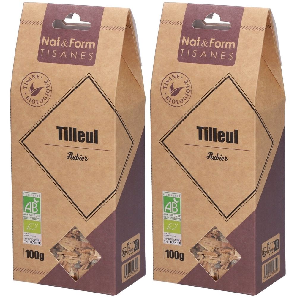 Deux paquets de tisane bio Aubier de tilleul Nat&Form, 100g.