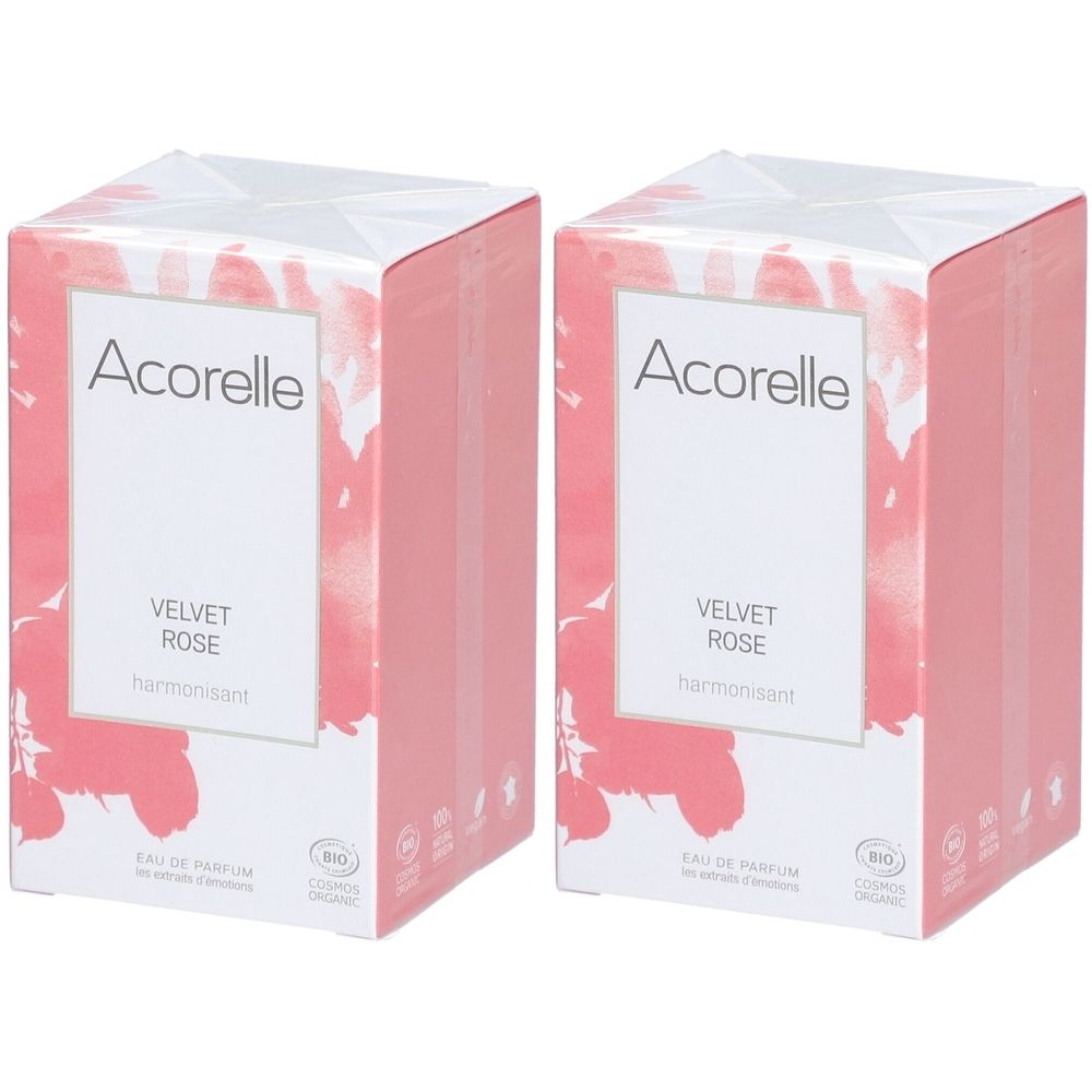 Twee roze rechthoekige dozen. Op de voorkant staat "Acorelle Velvet Rose". Bio-certificering.