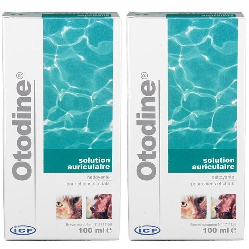 Twee witte dozen met de naam Otodine. Opschrift: solution auriculaire, nettoyante pour chiens et chats. Onderaan: 100 ml.