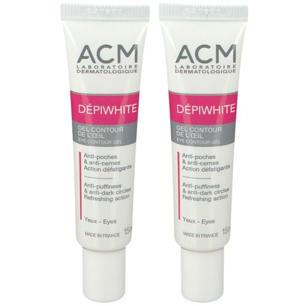 Twee tubes ACM Dépiwhite oogcontourgel. Witte tubes met roze band en tekst. Tekst: Anti-poches, anti-cernes, action défatigante.
