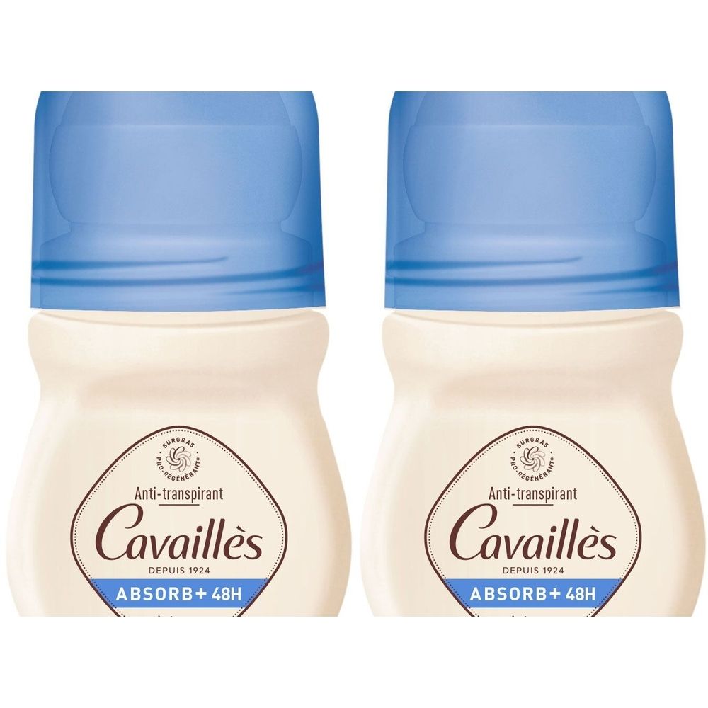 Twee roll-on deodorants met blauwe dop. Opschrift: Cavaillès, Anti-transpirant, ABSOBR+ 48H.