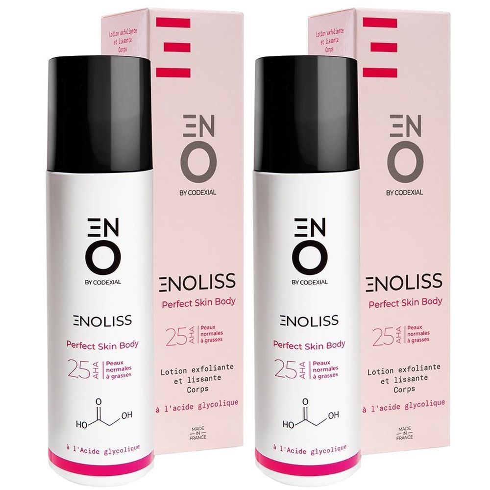 Deux flacons et deux boîtes. Inscription: ENO Enoliss Perfect Skin Body, 25 AHA. Lotion exfoliante et lissante Corps. Avec acide glycolique.