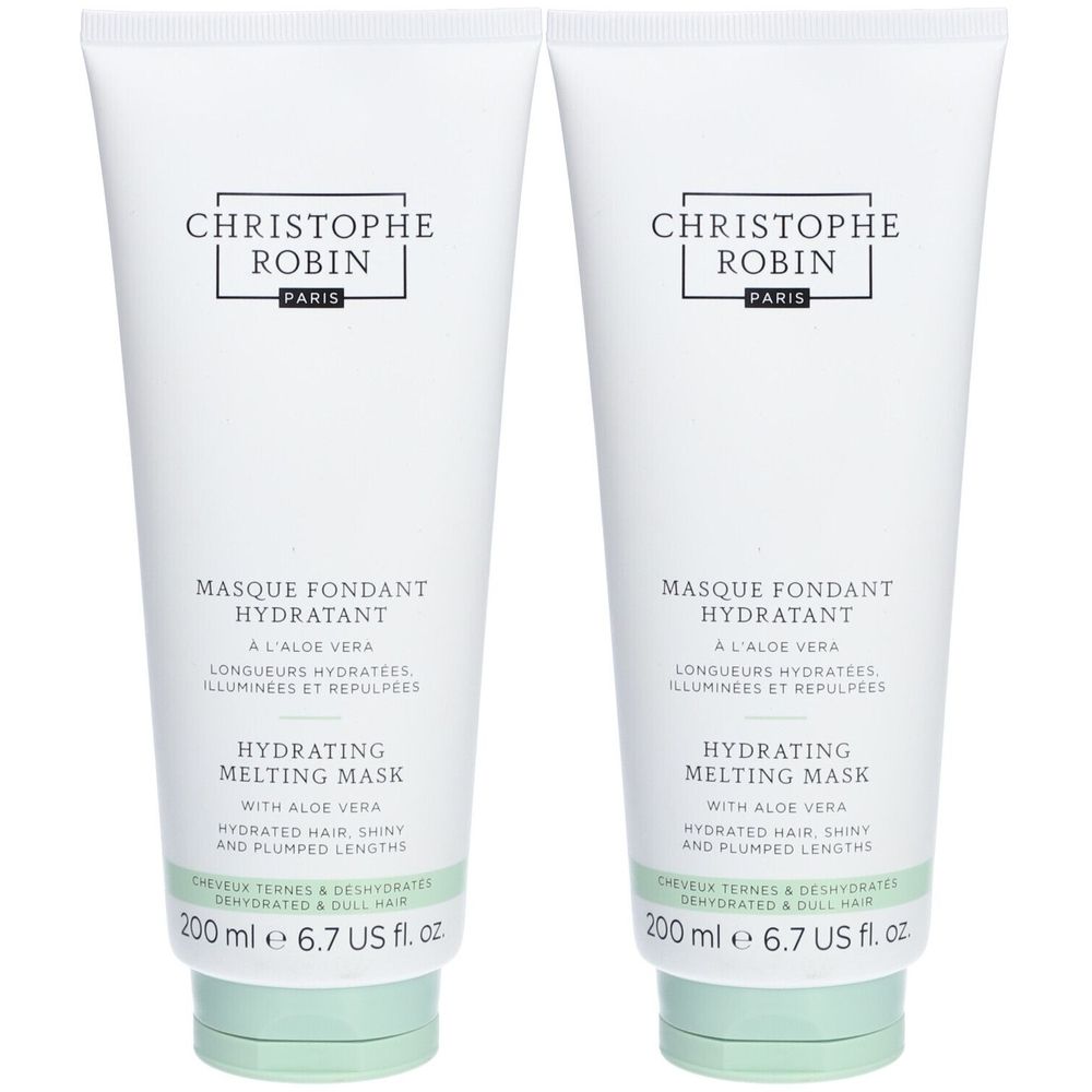 Twee witte tubes met groene doppen. Opschrift: Christophe Robin, Masque Fondant Hydratant, Hydrating Melting Mask.