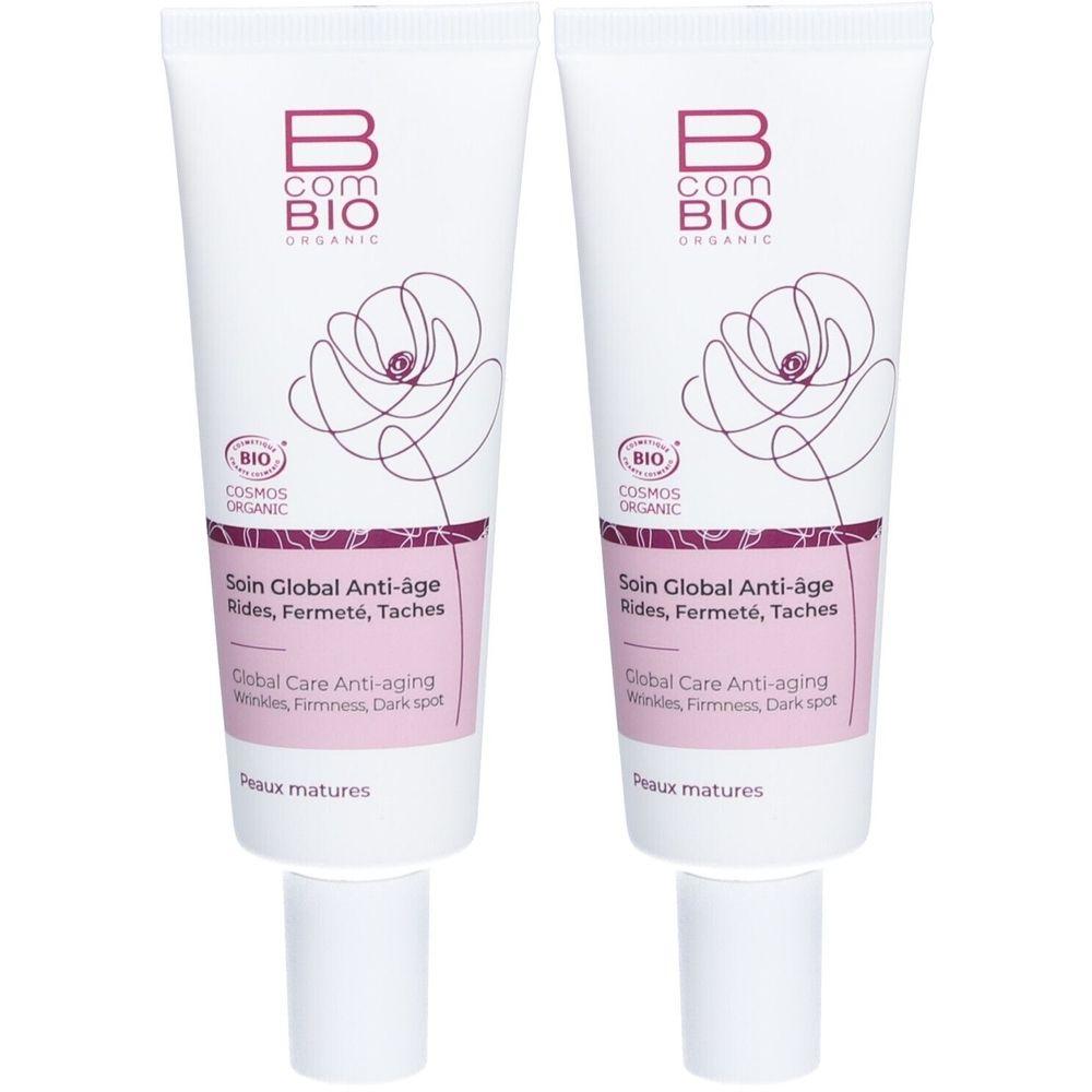 Deux tubes de crème. Blancs, avec accents violets et texte. Inscription: B com BIO, Soin Global Anti-âge, BIO COSMOS ORGANIC.