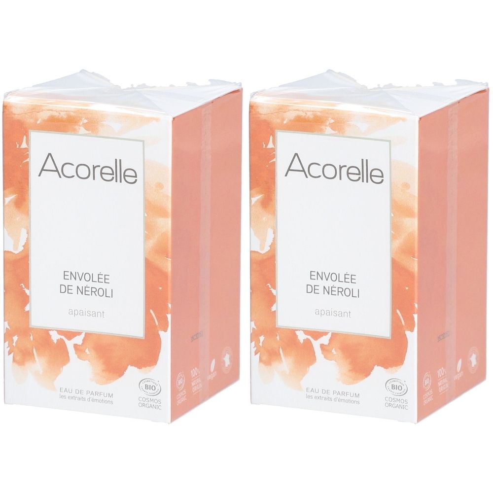 Deux boîtes rectangulaires. Sur le devant, "Acorelle", dessous "Envolée de Néroli". Certification BIO.