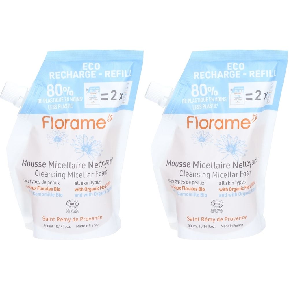 Twee navulverpakkingen van Florame Mousse Micellaire Nettoyante. Witte verpakking met tekst. Bevat 80% minder plastic. Bio-certificering.