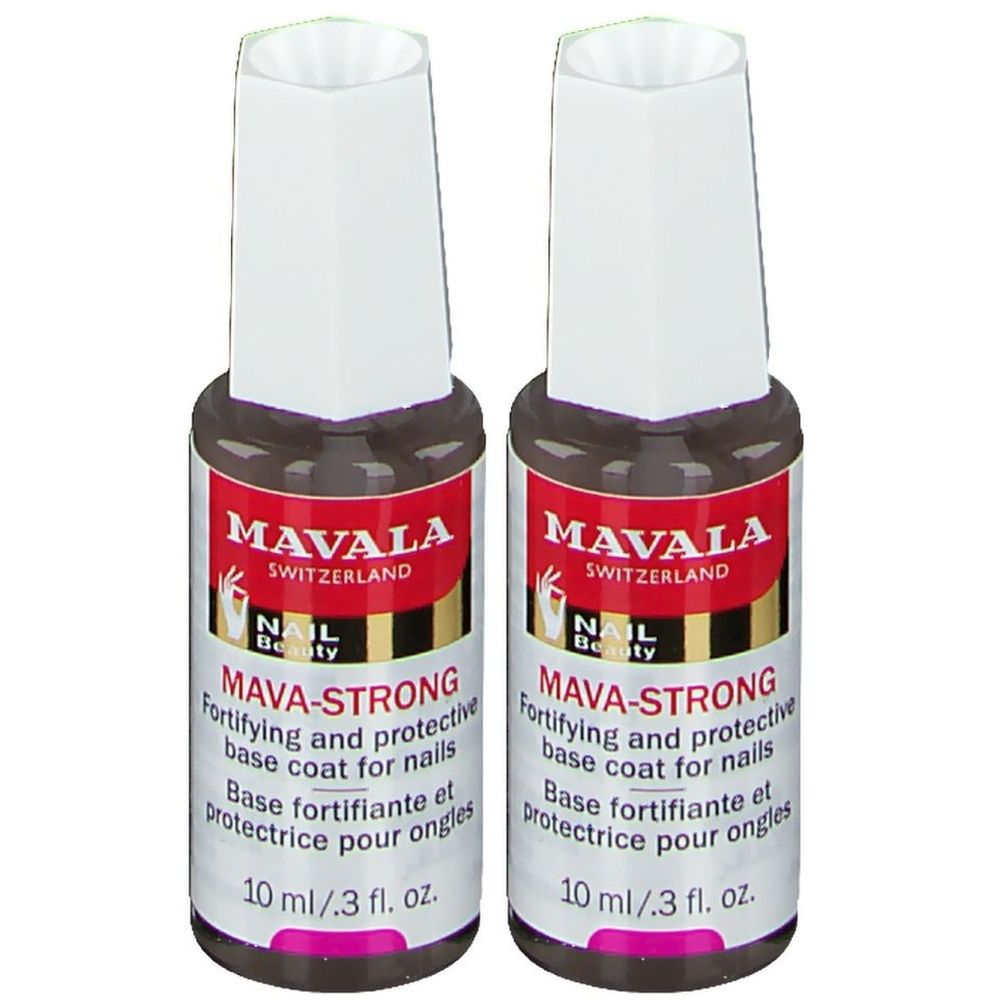 Twee flessen Mava-Strong nagellak. Opschrift: MAVALA, MAVA-STRONG, 10 ml/.3 fl. oz. Witte doppen, bruine flessen.