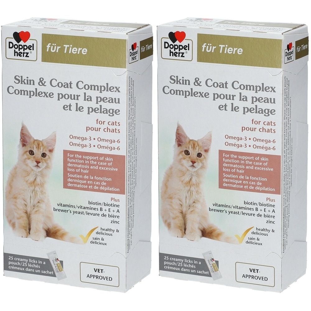 Deux boîtes de Doppelherz Skin & Coat Complex pour chats. Inscription : Oméga-3, Oméga-6, pour la peau et le pelage. Illustration de chat.