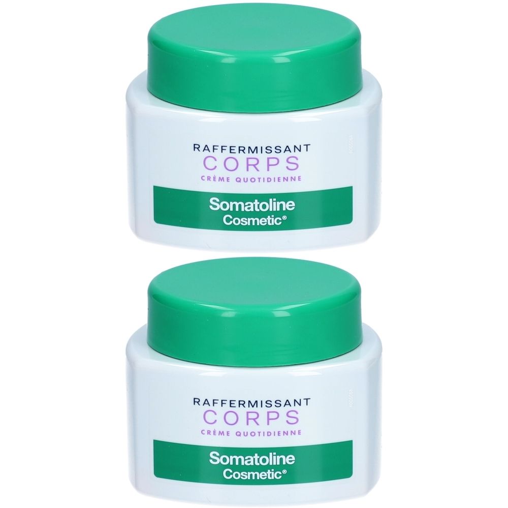 Deux pots de Somatoline Cosmetic Crème Raffermissante - Corps. Pots blancs avec couvercles verts. Nom du produit visible.