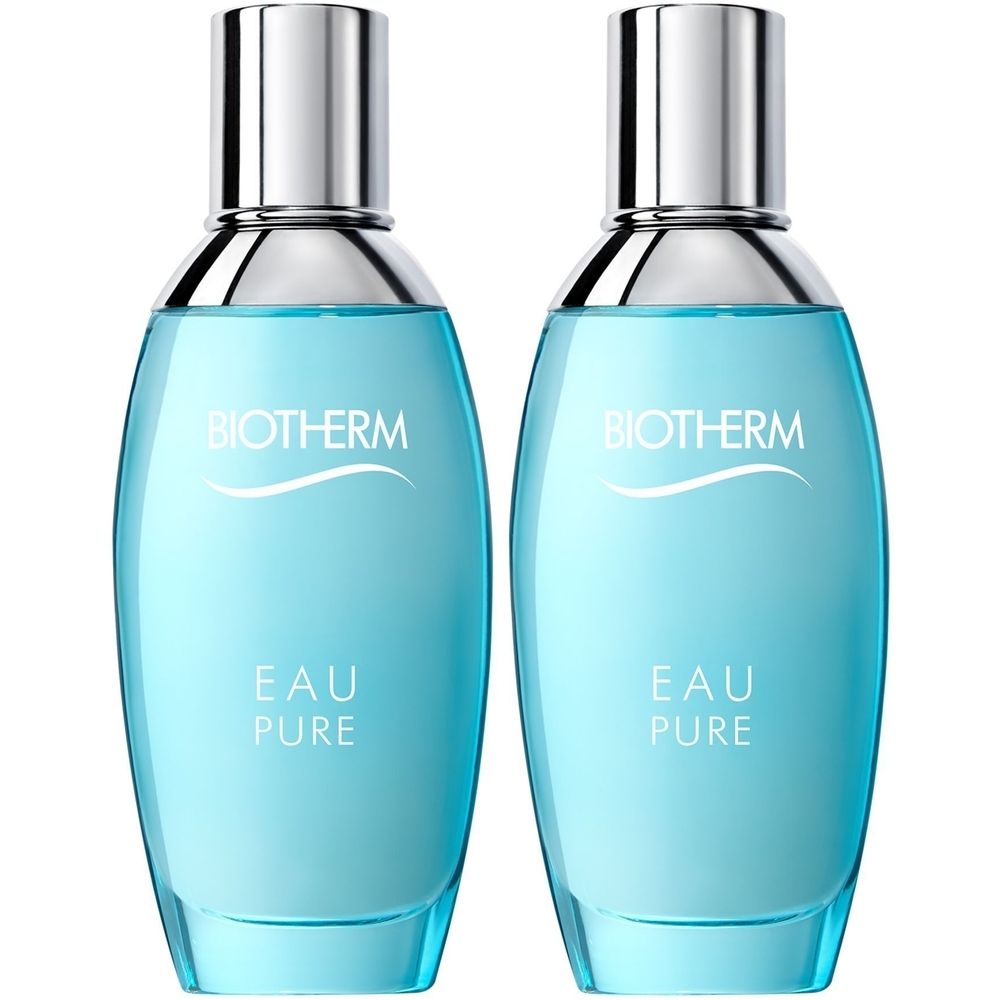 Twee lichtblauwe flacons met zilverkleurige doppen. Opschrift "BIOTHERM EAU PURE".
