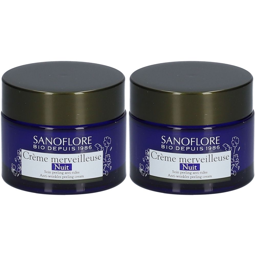 Twee potten Sanoflore Crème merveilleuse Nuit. Blauwe potten met zwarte deksels. Opschrift: Bio, Crème merveilleuse Nuit, anti-rimpel peeling crème.