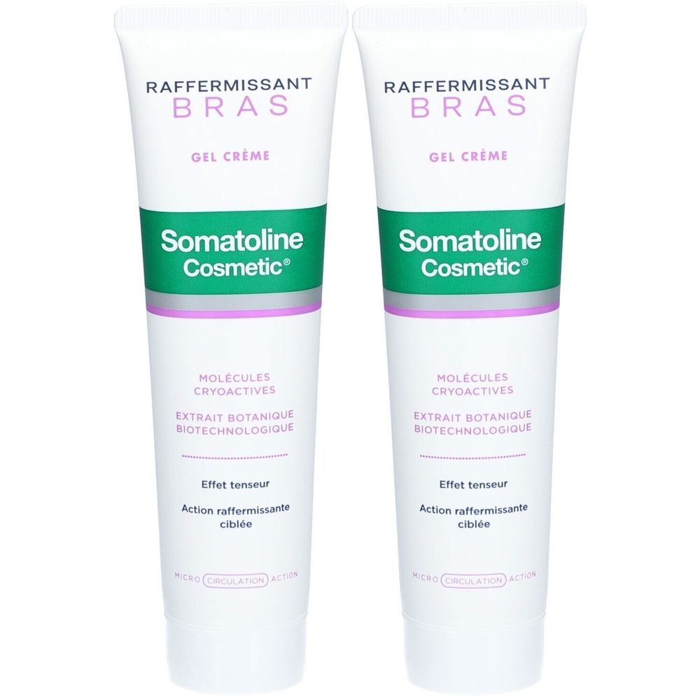 Deux tubes de Somatoline Cosmetic Gel Raffermissant - Bras. Tubes blancs avec accents verts et violets. Texte.