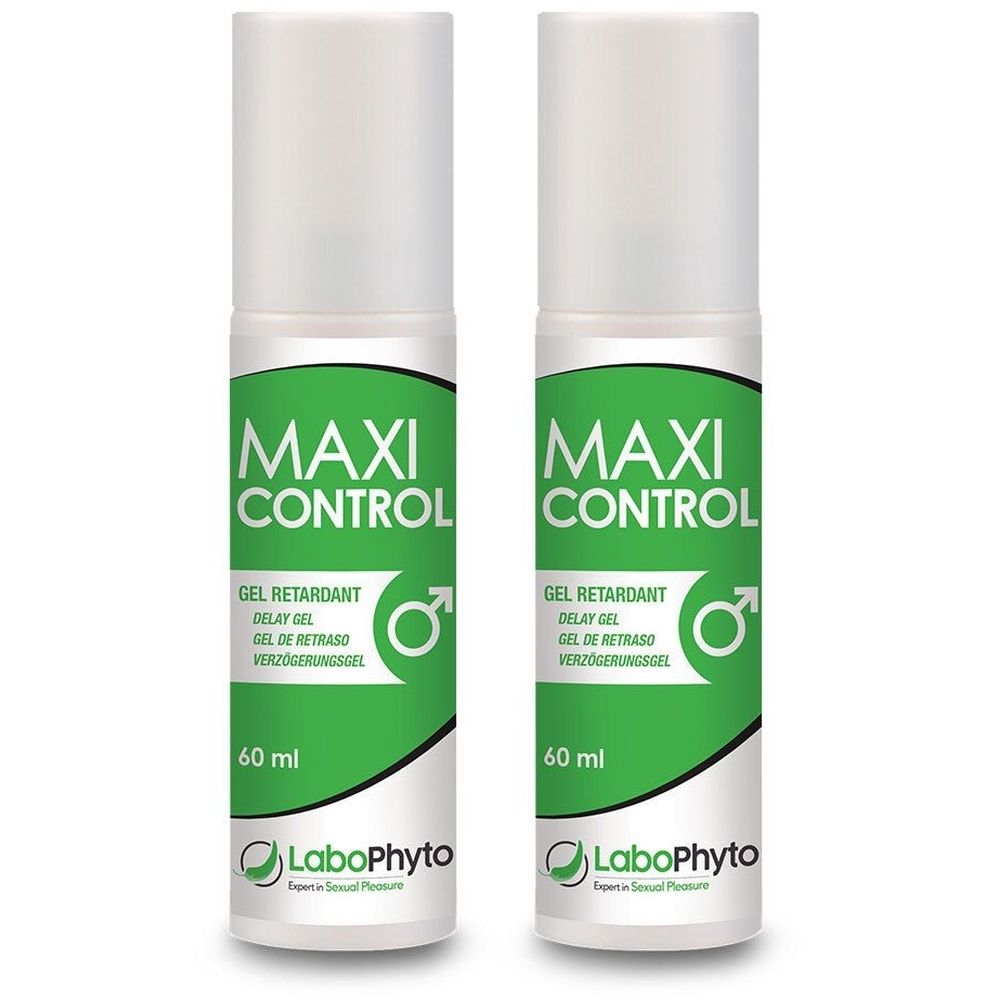 Twee gel flacons met witte dop. Opschrift: MAXI CONTROL, GEL RETARDANT, 60 ml. Merk: LaboPhyto.