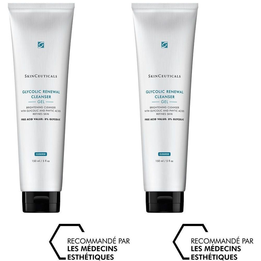 Deux tubes blancs avec bouchon noir. Inscription: Skinceuticals, Glycolic Renewal Cleanser Gel. Recommandé par les médecins.