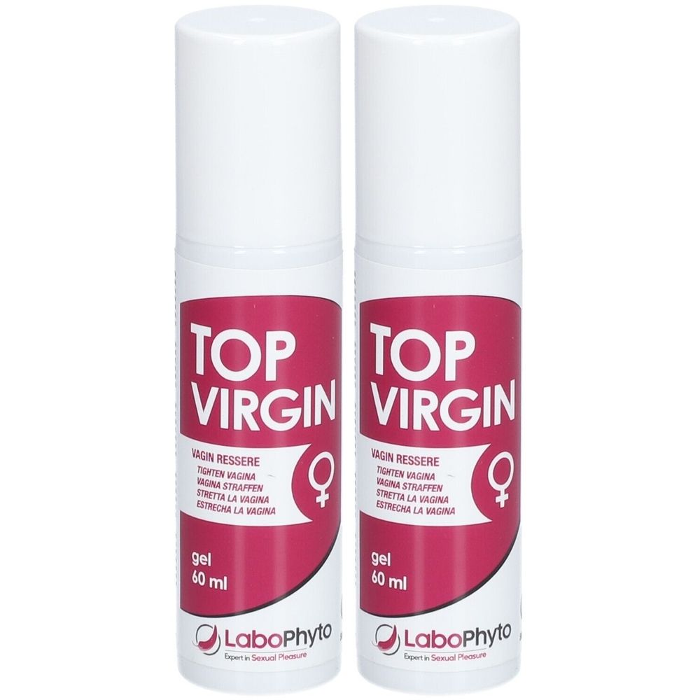 Twee witte flessen met rode etiketten. Opschrift "TOP VIRGIN", "gel 60 ml" en logo "LaboPhyto". 