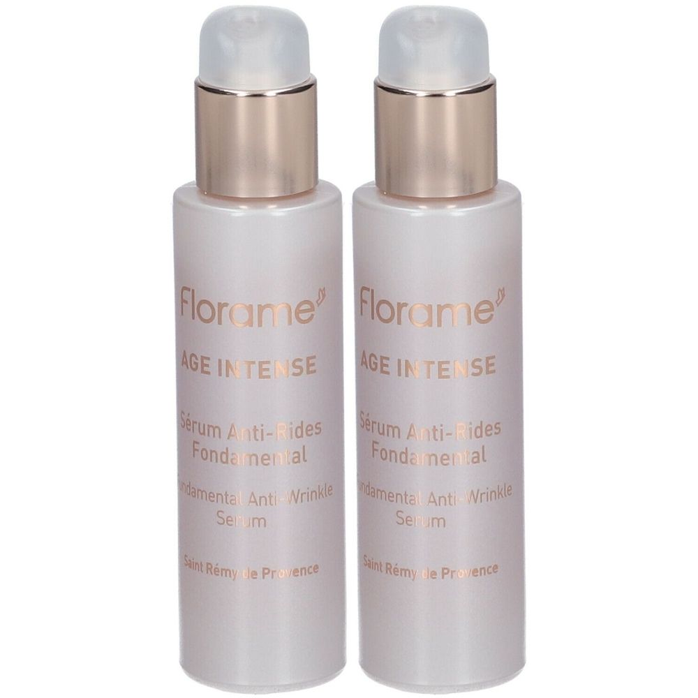 Twee serumflacons. Opschrift: Florame AGE INTENSE Sérum Anti-Rides Fondamental. Met doseerkop en gouden ring.