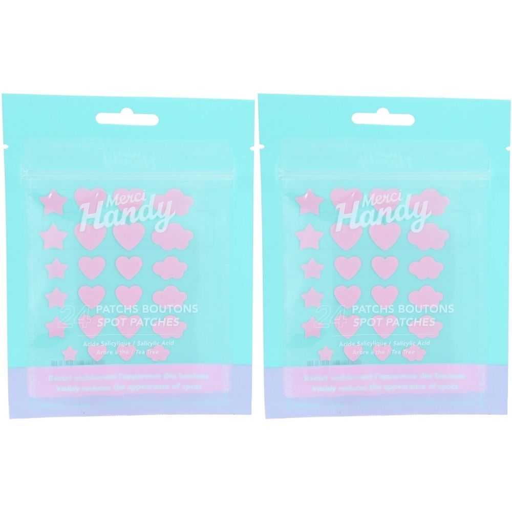 Twee verpakkingen met roze pleisters in hart-, ster- en wolkvorm. Opschrift: Merci Handy, Patchs Boutons, Spot Patches.