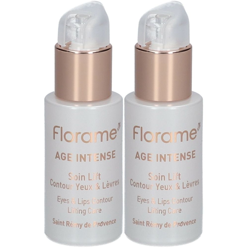 Twee witte flessen met roségouden doppen. Opschrift: Florame AGE INTENSE Soin Lift Contour Yeux & Lèvres.