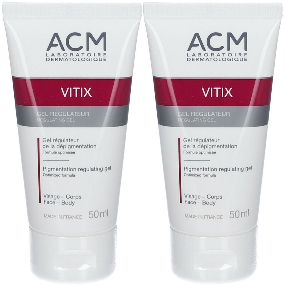 Twee tubes Vitix gel. Wit, met rode en grijze band. Opschrift: ACM, Vitix, Gel régulateur, Visage-Corps, 50ml.