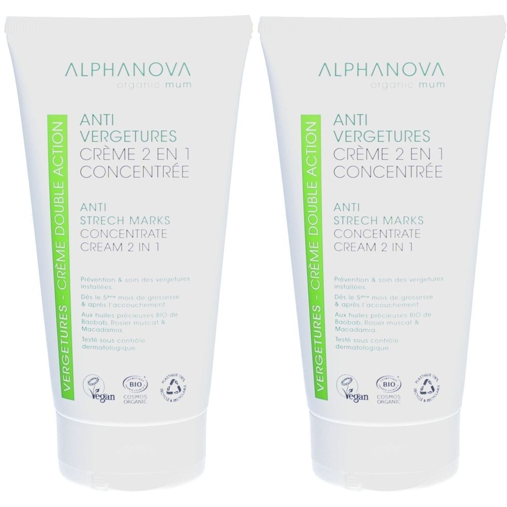 Deux tubes de crème Alphanova Anti-Vergetures. Tubes blancs avec accents verts et informations produit. Certifications vegan et bio.